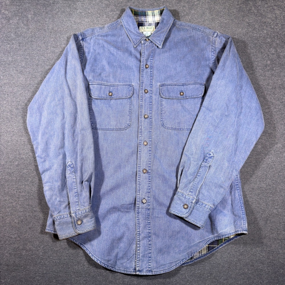 LL Bean Denim Shirt Mens M Blue Flannel Lined Long Sleeve Button Up USA Made VTG